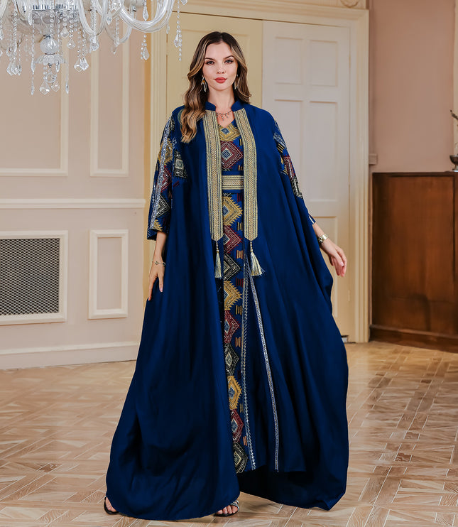 Middle East Muslim Embroidered Robe Abaya Light Luxury Evening Gown Two-piece Set Dress