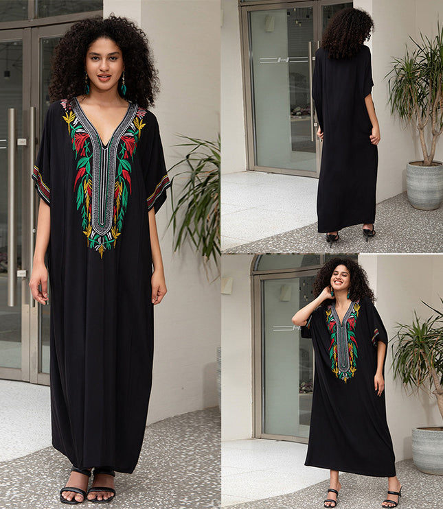 European And American Rayon Embroidered Holiday Loose Plus Size Long Dress