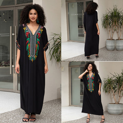 European And American Rayon Embroidered Holiday Loose Plus Size Long Dress