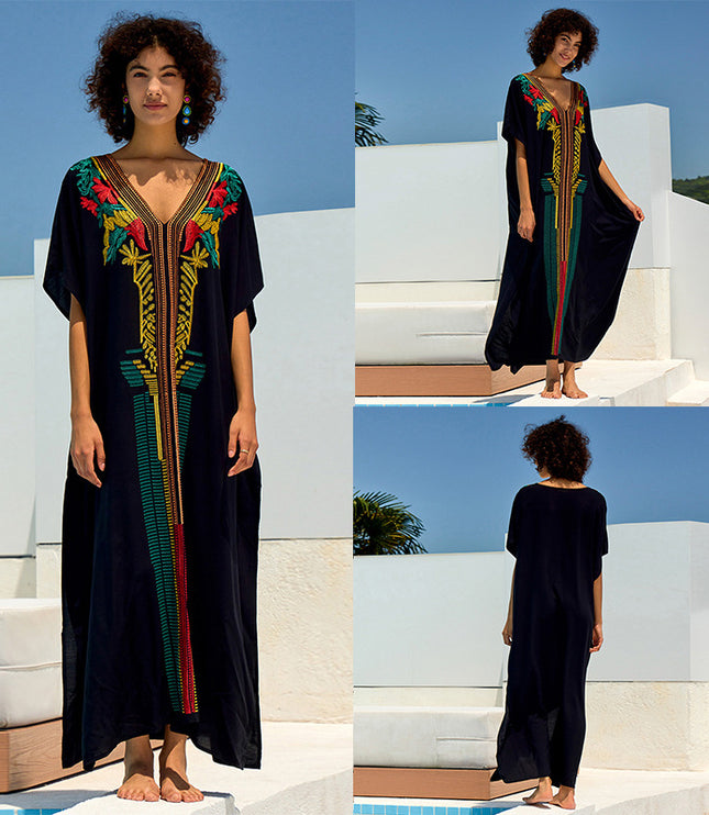 European And American Rayon Embroidered Holiday Loose Plus Size Long Dress