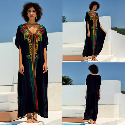 European And American Rayon Embroidered Holiday Loose Plus Size Long Dress