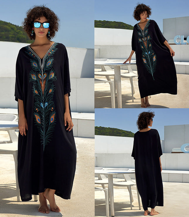 European And American Rayon Embroidered Holiday Loose Plus Size Long Dress