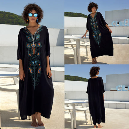 European And American Rayon Embroidered Holiday Loose Plus Size Long Dress
