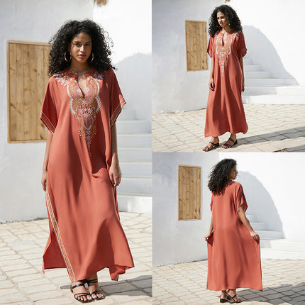European And American Rayon Embroidered Holiday Loose Plus Size Long Dress