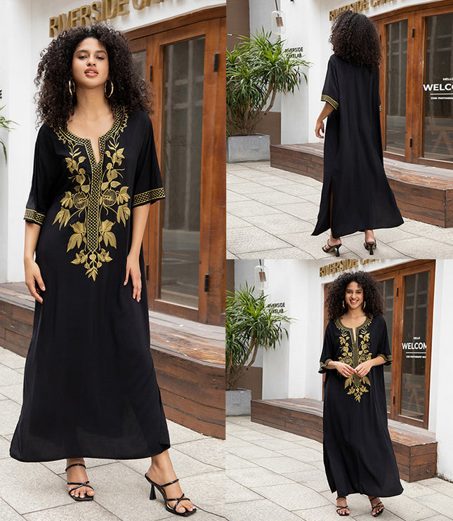 European And American Rayon Embroidered Holiday Loose Plus Size Long Dress