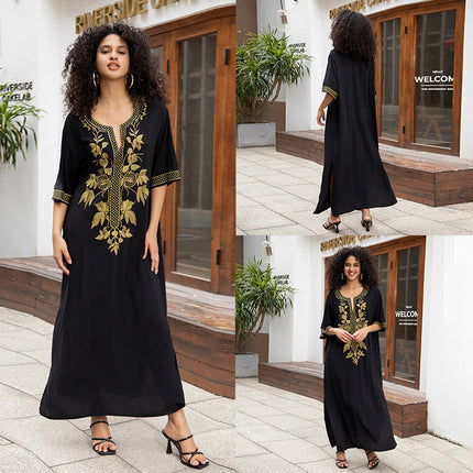 European And American Rayon Embroidered Holiday Loose Plus Size Long Dress