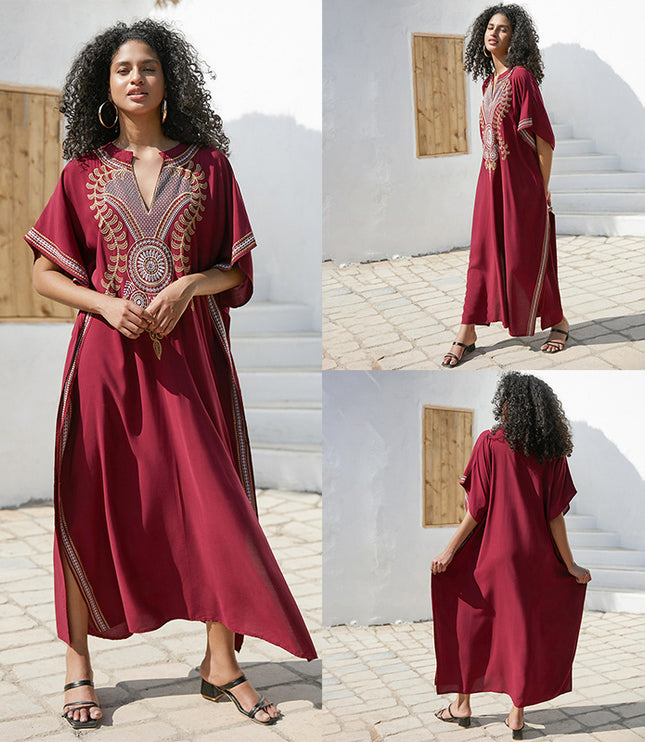European And American Rayon Embroidered Holiday Loose Plus Size Long Dress