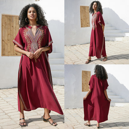 European And American Rayon Embroidered Holiday Loose Plus Size Long Dress