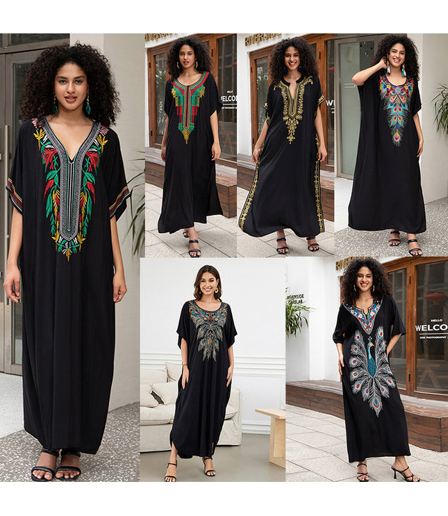 European And American Rayon Embroidered Holiday Loose Plus Size Long Dress