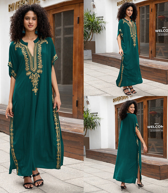 European And American Rayon Embroidered Holiday Loose Plus Size Long Dress