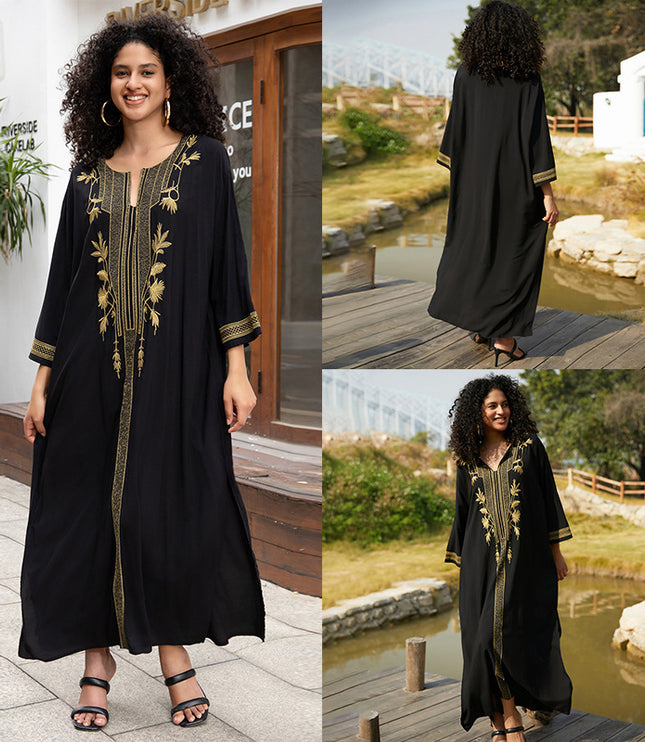 European And American Rayon Embroidered Holiday Loose Plus Size Long Dress