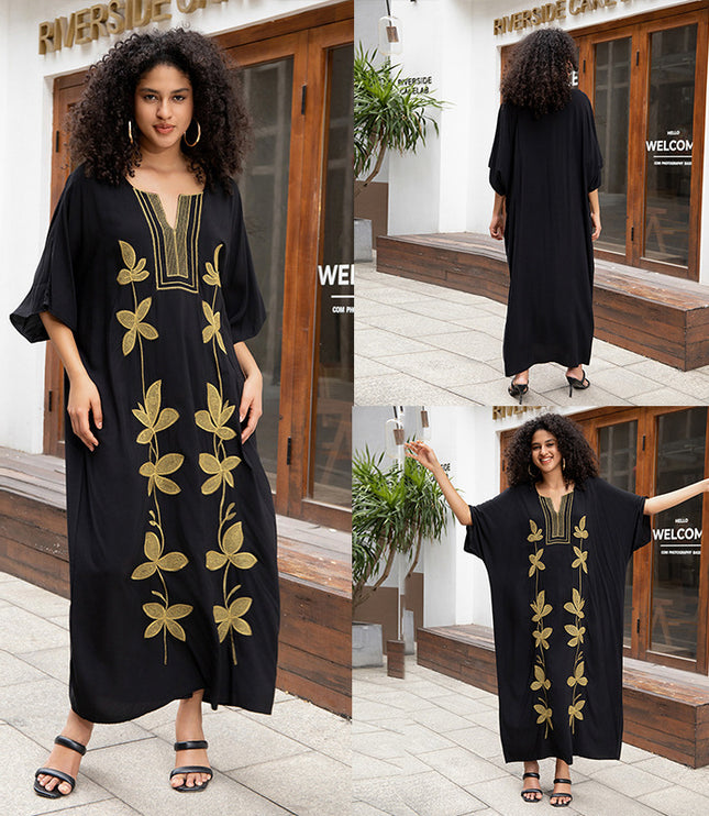 European And American Rayon Embroidered Holiday Loose Plus Size Long Dress