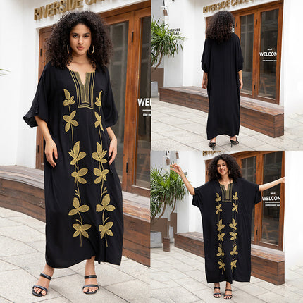 European And American Rayon Embroidered Holiday Loose Plus Size Long Dress