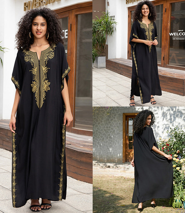 European And American Rayon Embroidered Holiday Loose Plus Size Long Dress