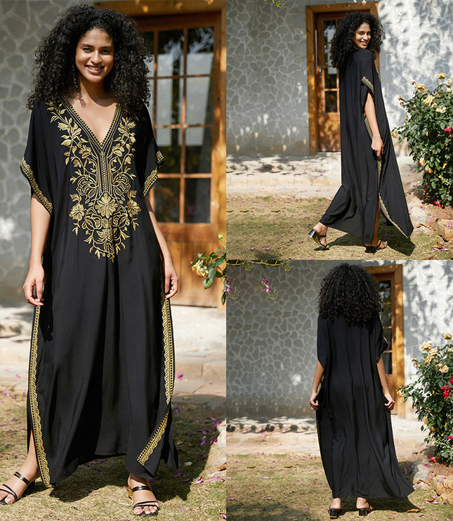 European And American Rayon Embroidered Holiday Loose Plus Size Long Dress