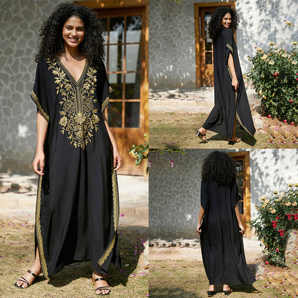 European And American Rayon Embroidered Holiday Loose Plus Size Long Dress