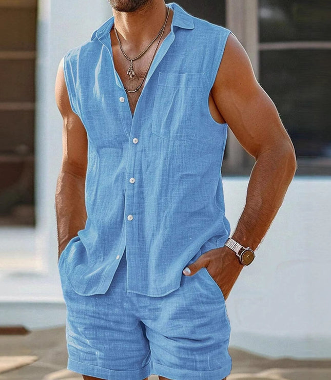 Men's Casual Stand Collar Cardigan Vest Cotton And Linen Style Suit
