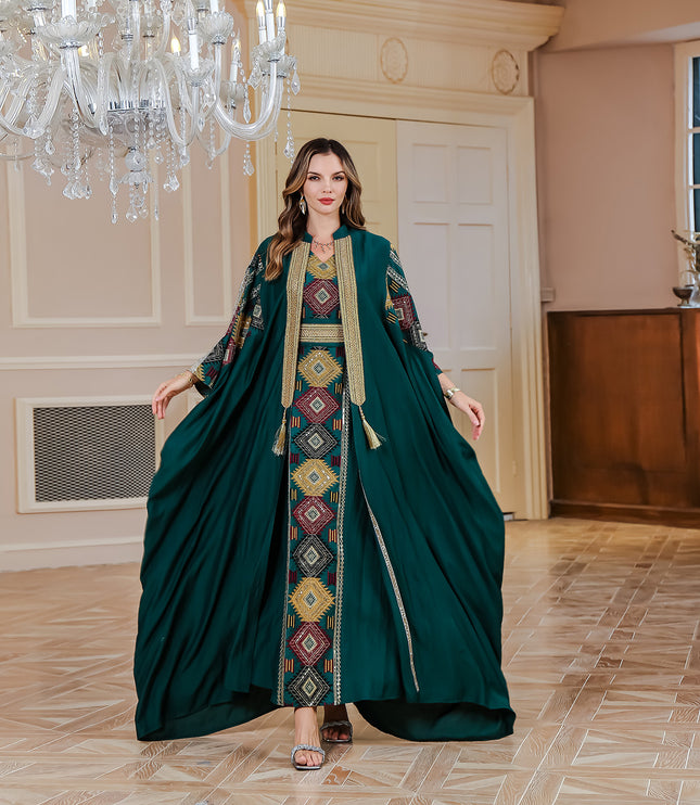 Middle East Muslim Embroidered Robe Abaya Light Luxury Evening Gown Two-piece Set Dress