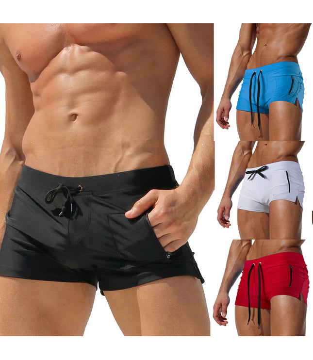 Men's Polyester High Waist Tight Lace-up Swimming Trunks