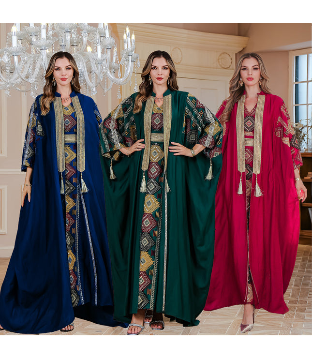 Middle East Muslim Embroidered Robe Abaya Light Luxury Evening Gown Two-piece Set Dress