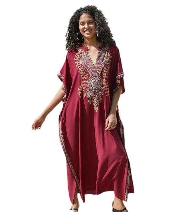 European And American Rayon Embroidered Holiday Loose Plus Size Long Dress
