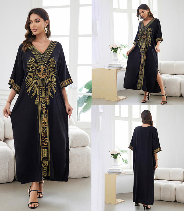 European And American Rayon Embroidered Holiday Loose Plus Size Long Dress
