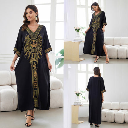 European And American Rayon Embroidered Holiday Loose Plus Size Long Dress
