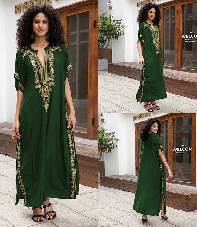 European And American Rayon Embroidered Holiday Loose Plus Size Long Dress