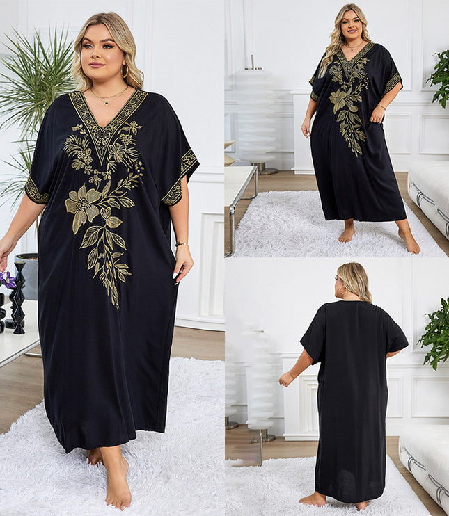 European And American Rayon Embroidered Holiday Loose Plus Size Long Dress