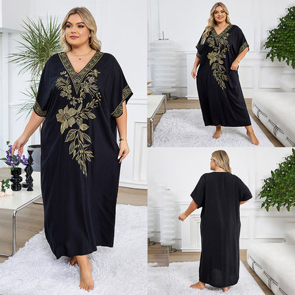 European And American Rayon Embroidered Holiday Loose Plus Size Long Dress