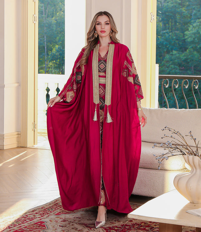 Middle East Muslim Embroidered Robe Abaya Light Luxury Evening Gown Two-piece Set Dress