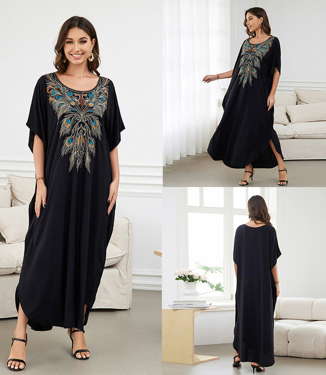 European And American Rayon Embroidered Holiday Loose Plus Size Long Dress
