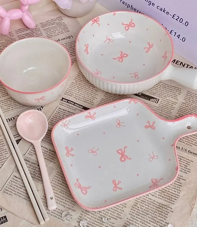 Pink Bow Ceramic Cutlery Set, Dessert Home Tableware Ceramic Handle Bowl Yogurt Cup High Value Breakfast Plate Drinkware