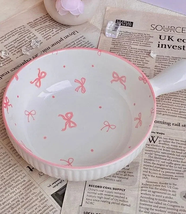 Pink Bow Ceramic Cutlery Set, Dessert Home Tableware Ceramic Handle Bowl Yogurt Cup High Value Breakfast Plate Drinkware