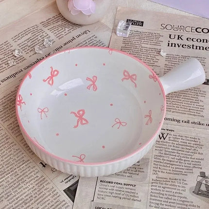 Pink Bow Ceramic Cutlery Set, Dessert Home Tableware Ceramic Handle Bowl Yogurt Cup High Value Breakfast Plate Drinkware