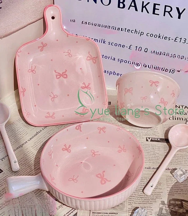 Pink Bow Ceramic Cutlery Set, Dessert Home Tableware Ceramic Handle Bowl Yogurt Cup High Value Breakfast Plate Drinkware