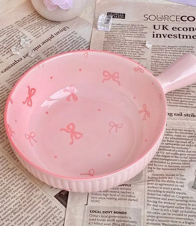 Pink Bow Ceramic Cutlery Set, Dessert Home Tableware Ceramic Handle Bowl Yogurt Cup High Value Breakfast Plate Drinkware
