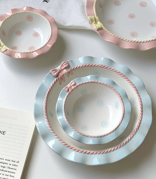 INS Style Korean Style Girl Heart Pink Ceramic Tableware Set Polka Dot Bow Cute Small Bowl Rice Bowl Deep Plates Cute Plates