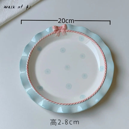 INS Style Korean Style Girl Heart Pink Ceramic Tableware Set Polka Dot Bow Cute Small Bowl Rice Bowl Deep Plates Cute Plates