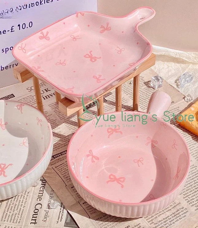 Pink Bow Ceramic Cutlery Set, Dessert Home Tableware Ceramic Handle Bowl Yogurt Cup High Value Breakfast Plate Drinkware