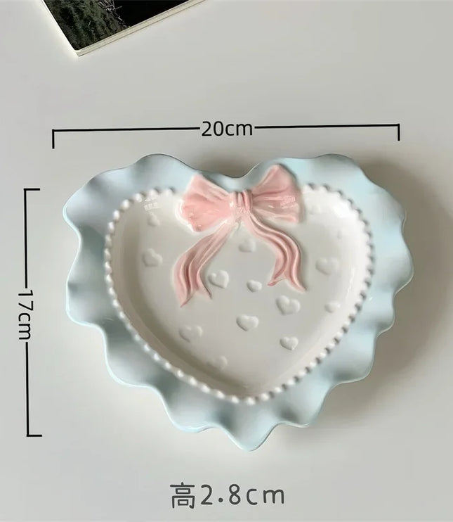 INS Style Korean Style Girl Heart Pink Ceramic Tableware Set Polka Dot Bow Cute Small Bowl Rice Bowl Deep Plates Cute Plates