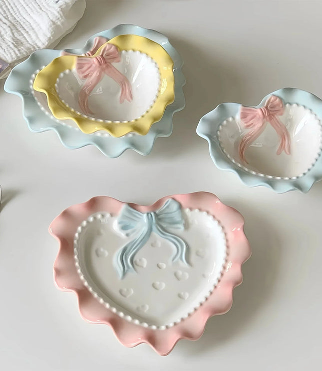 INS Style Korean Style Girl Heart Pink Ceramic Tableware Set Polka Dot Bow Cute Small Bowl Rice Bowl Deep Plates Cute Plates