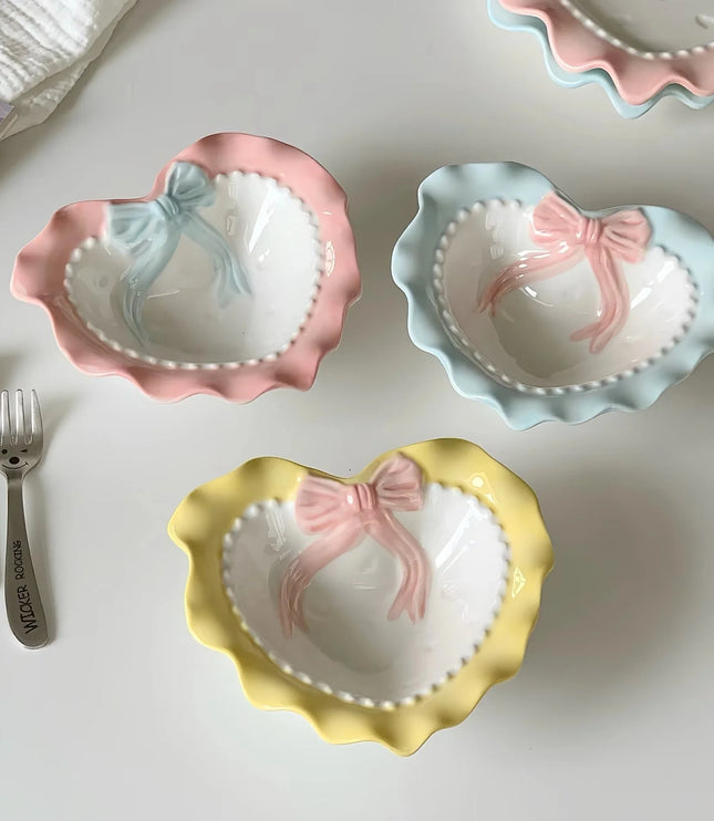 INS Style Korean Style Girl Heart Pink Ceramic Tableware Set Polka Dot Bow Cute Small Bowl Rice Bowl Deep Plates Cute Plates