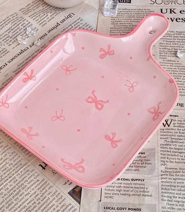 Pink Bow Ceramic Cutlery Set, Dessert Home Tableware Ceramic Handle Bowl Yogurt Cup High Value Breakfast Plate Drinkware