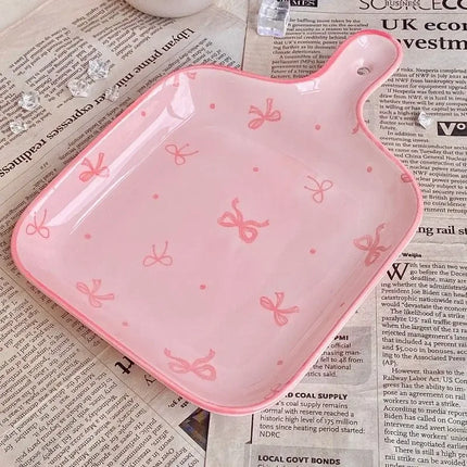 Pink Bow Ceramic Cutlery Set, Dessert Home Tableware Ceramic Handle Bowl Yogurt Cup High Value Breakfast Plate Drinkware