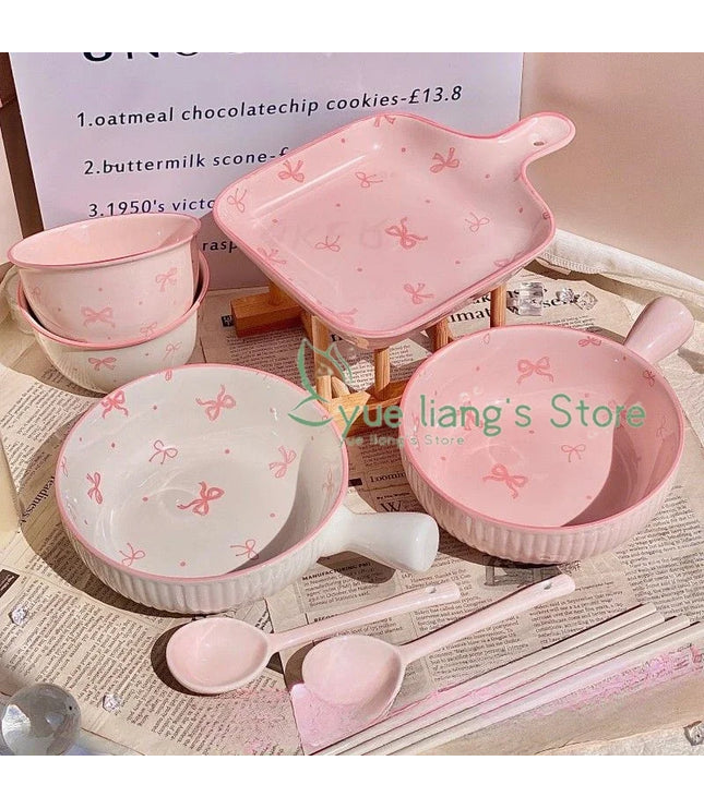 Pink Bow Ceramic Cutlery Set, Dessert Home Tableware Ceramic Handle Bowl Yogurt Cup High Value Breakfast Plate Drinkware