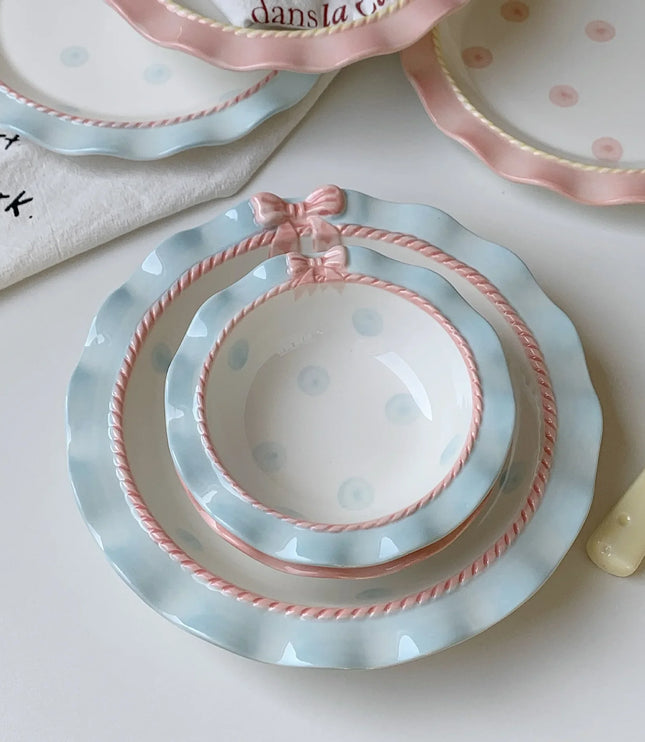 INS Style Korean Style Girl Heart Pink Ceramic Tableware Set Polka Dot Bow Cute Small Bowl Rice Bowl Deep Plates Cute Plates