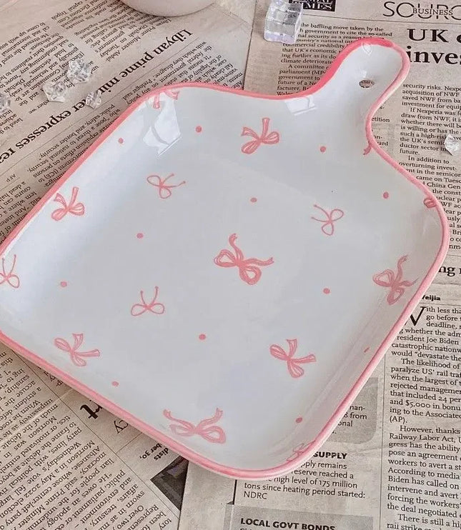 Pink Bow Ceramic Cutlery Set, Dessert Home Tableware Ceramic Handle Bowl Yogurt Cup High Value Breakfast Plate Drinkware