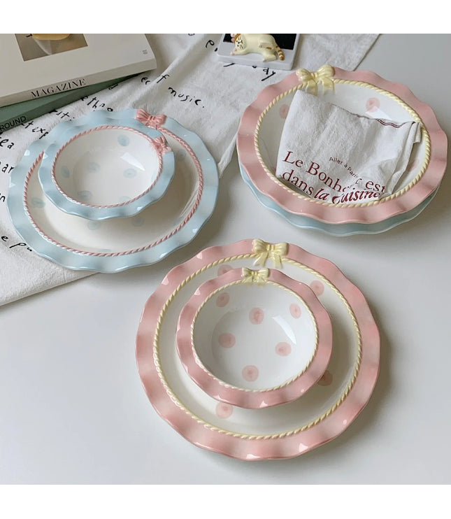 INS Style Korean Style Girl Heart Pink Ceramic Tableware Set Polka Dot Bow Cute Small Bowl Rice Bowl Deep Plates Cute Plates