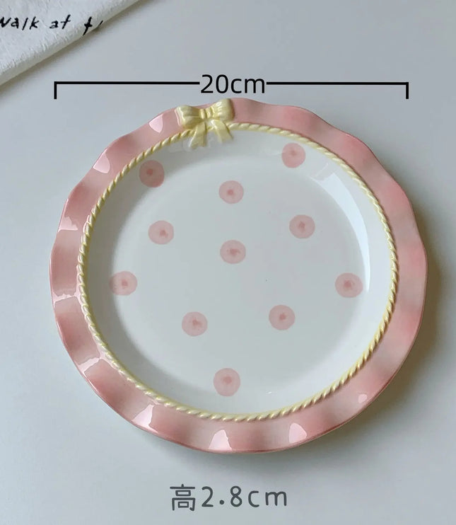 INS Style Korean Style Girl Heart Pink Ceramic Tableware Set Polka Dot Bow Cute Small Bowl Rice Bowl Deep Plates Cute Plates